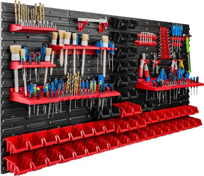 Image de Système de rangement Étagère d'atelier | 156 x 78 cm | 56 pièces Boîte | Étagère murale avec supports pour outils et boîtes empilables - Panneaux muraux Étagère à bacs extra-robuste Panneau perforé pour outils Étagère de rangement Étagère de garage