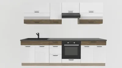 Produktbild von Küchenzeile 270 cm - FAVORIT A PLUS - Weiß Hochglanz und Sonoma Eiche - Arbeitsplatte Dunkelbraun - Einbauküche mit Metallbox Schubladen - Singleküche