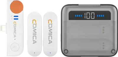 Produktbild von COMICA Vimo S-MI Kabelloses Mikrofonsystem mit 1 Empfaenger und 2 Mikrofonen, 200 m uebertragungsreichweite, integrierter Akku mit Ladehuelle, Ersatz fuer iPhone 13/13 Pro/12/12 Pro/11/11 Pro/10, Live-Streaming, Interview, Vlog