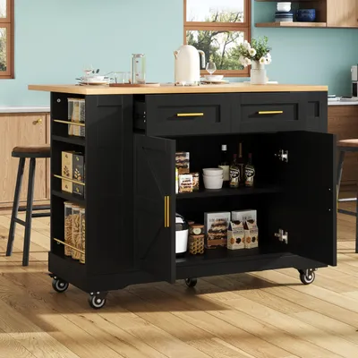 Image de MODFU Îlot De Cuisine - Meuble De Rangement Avec Tiroirs Et Plateau Extensible, Buffet De Cuisine MDF Et Métal, 120×40×90 cm, Noir