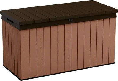 Produktbild von Keter Gartenbox Darwin 570 Liter | 143x65x78 cm | Braun, naturgetreue Holzoptik | Deckel bis 300 kg belastbar, mit Gasdruckfedern