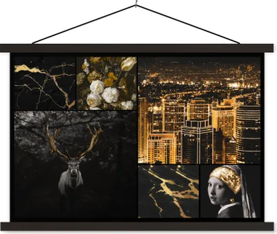 Produktbild von MuchoWow® Textilposter Collage - Mädchen mit Perlenohrring - Gold 60x40 cm mit schwarzem Rahmen - Hölzernes
