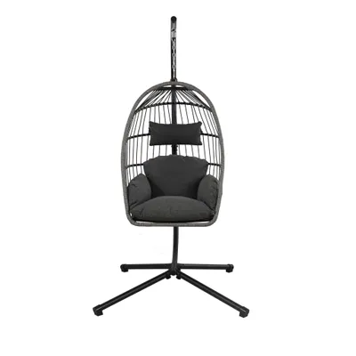 Produktbild von greemotion Hängesessel Indoor & Outdoor Matera Hängeschaukel mit Gestell schwarz  / grau inkl. Kissen