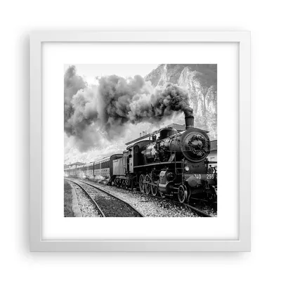 Produktbild von Gerahmtes Poster - Weißer Rahmen - Zug Schwarzweiß Rauch - 30x30 cm - Wand Bild - Wanddeko - Wandbilder - Kunstposter - Wandposter - Bilderrahmen - Bilder - Kunstdruck - Wandbild - P2WAC30x30-4315