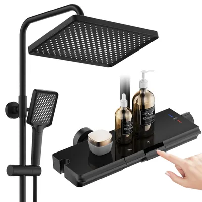 Produktbild von HOMELODY Duschsystem mit Thermostat Schwarz, 30x20cm Groß-Regendusche, 3-Strahl Handbrause, Glasablage, Klavierknopf Duscharmatur Komplettset