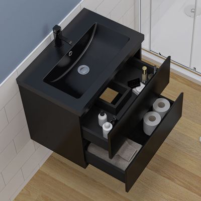 Badezimmermöbel Set Unterschrank Hochschrank Schrank 60 cm 2 Schubladen Schwarz Hochglanz soft close Mineralguss Schwarz waschtisch Selbstmontierter Unterschrank