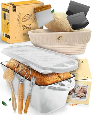 Produktbild von KRUSTENZAUBER Brotbackform mit Deckel im XXL-Set für selbstgebackenes Brot - Großes Brotbackset als Geschenk mit Gärkorb, Brotbackzubehör & Anleitung