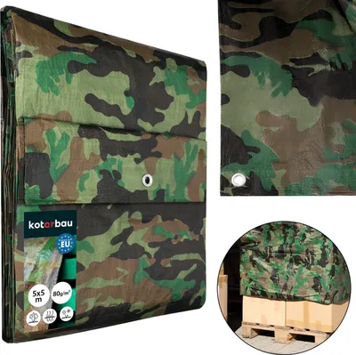 A collage of images showing a folded camouflage tarp, a close-up of the tarp material with grommets, and the tarp covering boxes on a pallet.