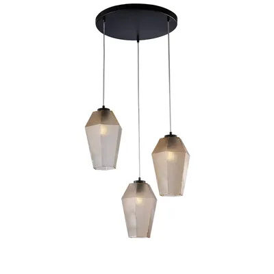 Image de Suspension Prisma Fer Noir, Câbles Réglables, Verre Soufflé AmbréReproduction En Relief, 3 Lumières D.47 Cm, Style Chaleureux