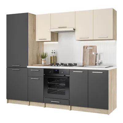 A modern kitchen unit with dark gray cabinets and cream upper cabinets, featuring an integrated oven and stovetop.