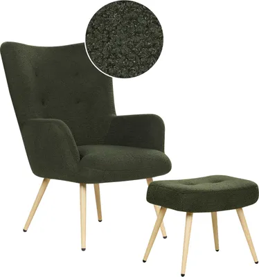 Produktbild von BELIANI Ohrensessel mit Hocker Dunkelgrün Stoffbezug Bouclé Gesteppt Teddy-Optik Metallbeine Wohnzimmer Schlafzimmer Sessel Polstersessel Armsessel
