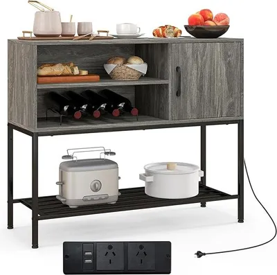 Produktbild von Sideboard mit Ladestation, Retro-Kaffeebar mit unterer Ablage, 2-stufigem offenem Regal, Türschrank & stabilem Metallrahmen, Konsolentisch für Küche