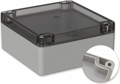 Produktbild von POLLIN, Polycarbonat Gehäuse, 122 x 120 x 55 mm, IP66, Lichtgrau, Glasklarer Deckel