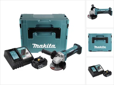 A collage of images showing a Makita angle grinder set, including the tool, batteries, charger, and storage case.