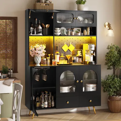 Produktbild von STILVORA Sideboard mit LED-Beleuchtung , Küchenschrank mit USB-Anschlüssen, Hochschrank mit Steckdosen, Aufbewahrungsschrank mit Lochwand, Schublade & Glasböden, Schwarz