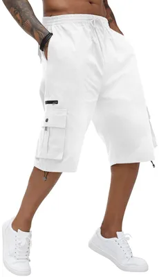Imagen del producto de Pantalones cortos cargo para hombre, de algodón, con cintura elástica y múltiples bolsillos, color blanco, talla 4XL