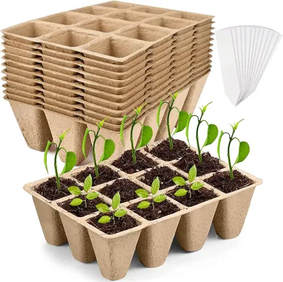 Imagen del producto de Bandejas de siembra biodegradables, 10 unidades, con 12 compartimentos de 3,8 cm cada uno, para la germinación de plantas