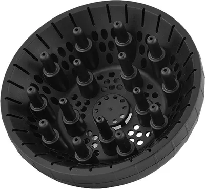 A black hair dryer diffuser attachment is shown from a top-down angle against a white background.