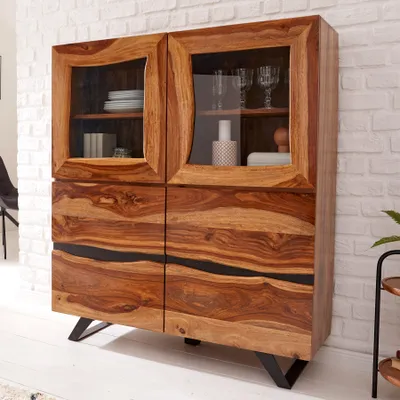 Produktbild von Massives Highboard AMAZONAS 138cm braun Sheeshamholz Vitrine mit Baumkante Vitrinenschrank