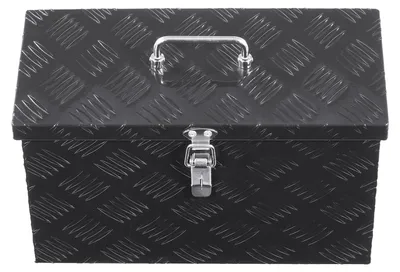 Produktbild von SucceBuy Robuster Werkzeugkasten aus Aluminium für die Ladefläche, gestreifte Werkzeugkiste (406 x 190 x 254 mm) mit seitlichem und oberem Griff, praktischer Aufbewahrungs-Organizer für Anhänger und Wohnmobil in Schwarz