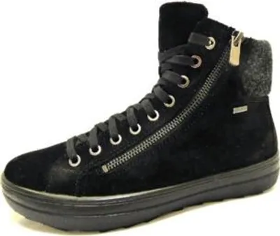 A black high-top sneaker with a side zipper and laces.