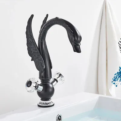 Produktbild von Schwanenform Bad-Waschbeckenarmatur - Deckmontage Mischbatterie - Messing Wasserfallauslauf - Zwei Griffe Warm/Kalt - Einlochmontage - Matt Schwarz