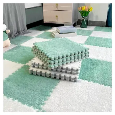 Produktbild von 10 Stück Plüschschaum-Bodenmatte, Quadratische Teppichfliesen, rutschfeste Teppiche für Wohnzimmer und Schlafzimmer, 31 X 29 cm (Mintgrün Weiß)