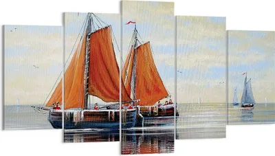Produktbild von Bild auf Leinwand - Leinwandbild - 5 Teile - Segelschiffe Öl Orange - 160x85cm - Wand Bild - Wanddeko - Wandbilder - Leinwanddruck - Bilder - Wanddekoration - Leinwand bilder - EA160x85-4404