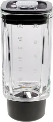 A clear, studio shot of a blender jug with its lid and blades.