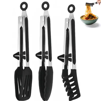 Produktbild von 3er-Set Silikon-Fleischzange - Küchenzange - Salatzange - Grillzange - mit Aufhängeöse und Standfüßen - spülmaschinenfest – Schwarz
