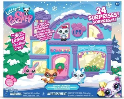 The image shows the packaging for a Littlest Pet Shop Advent Calendar, designed to look like a festive pet shop building covered in snow.