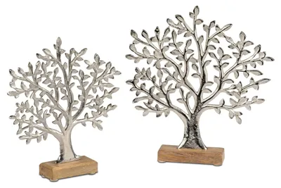 Produktbild von 2er Set Dekoobjekte Lebensbaum silber 27 + 32cm Aluminium und Mangoholz Formano