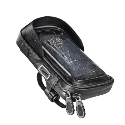 A black bicycle or motorcycle phone bag with a transparent window, showing a smartphone inside. The bag has zippers and straps for attachment.