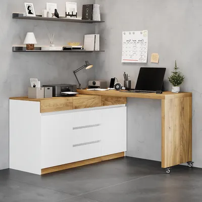 Produktbild von STILVORA Schreibtisch mit drehbarer 4 cm Tischplatte und feststellbaren Rollen, Eckschreibtisch mit Klappfunktion,Sideboard mit arretierbarer Tischplatte