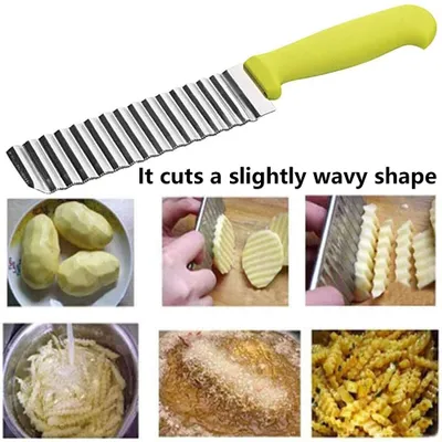 A collage of images showing a wavy knife, peeled potatoes, potatoes being cut, potatoes being washed, potatoes frying, and finished french fries.