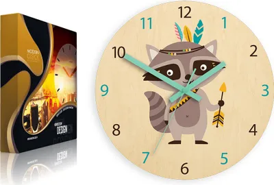 A product shot of a wall clock with a cartoon raccoon design and its packaging.