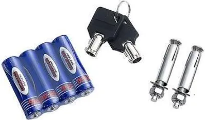 A collection of items including batteries, keys, and mounting hardware, arranged on a white background.