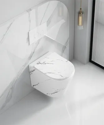 Produktbild von Wand-WC Set Nakia Tiefspüler ohne Spülrand kurz weiß marmoriert matt mit WC-Sitz 1280783