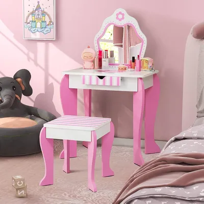 Produktbild von Kinderschminktisch Schminktisch Kinder mit Hocker und abnehmbarem Spiegel, Kosmetiktisch, Frisierkommode, Prinzessin Frisiertisch mit Schublade für Kinder Mädchen