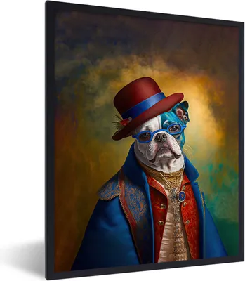 Produktbild von MuchoWow® Gerahmtes Poster Hund - Porträt - Kleidung - Hut - Abstrakt 60x80 cm - Poster mit Schwarzem Bilderrahmen Wandposter Rahmen Foto Bilder - Premium - Wanddeko Wohnzimmer
