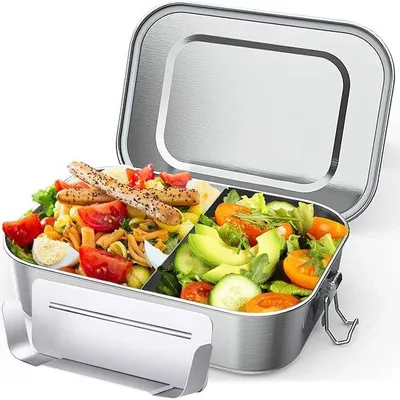 Image de Boîte à repas en acier avec séparateur et fermetures sécurisées, 2 400 ml
