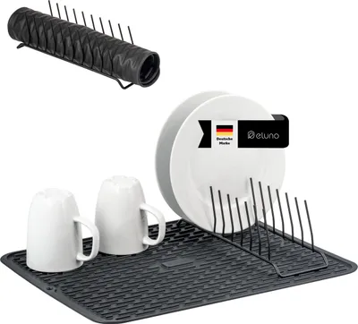 Produktbild von eluno Abtropfmatte inkl. Abtropfgestell, rutschfeste Silikonmatte 33,5 x 43 cm, platzsparend, hitzebeständige Spülbeckenmatte mit Geschirrtrockner für 9 Teller, schwarz