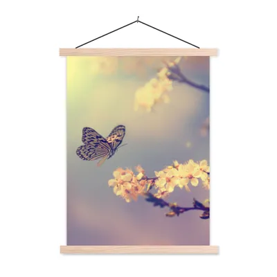 Produktbild von MuchoWow® Textilposter Schmetterlinge - Blüte - Zweig - Baum 40x53 cm mit holzfarbenen Rahmen - Schlafzimmer