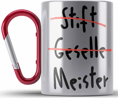 Produktbild von Trendation - Meister Prüfung Bestanden Geschenk Meisterprüfung Edelstahl Tasse Karabiner Mann Metallbauer Dachdecker Maler Elektrotechnik Schreiner Elektronik (Rot)