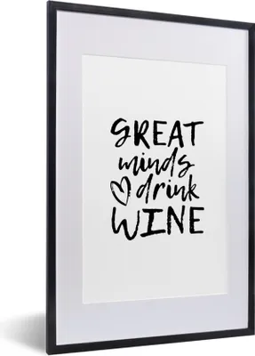 Produktbild von MuchoWow® MuchoWow® Gerahmtes Poster Weinzitat "Große Geister trinken Wein" mit Herz 40x60 cm - Poster mit zchwarzem Bilderrahmen - Poster in Rahmen