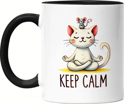 Produktbild von Keep Calm Tasse Schwarz Geschenkidee für Yoga-Fans und Katzenliebhaber