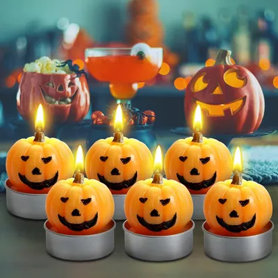 Produktbild von 6 Packungen Halloween-Kürbiskerzen, Kürbis-Halloween-Feierkerzen, echte Flammen, leuchtende, lebendige Kürbis-Smiley-Kerzen für Herbst, Thanksgiving, Tischdekoration, Zuhause, Halloween, Innenbereich, Party-Dekoration