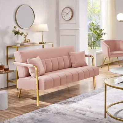 Zdjęcie produktu dla Sofa tapicerowana do salonu różowa złota rama dwuosobowa z poduszkami