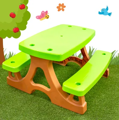 Zdjęcie produktu dla Mochtoys Ławeczka Ogrodowa dla Dzieci ze stolikiem i akcesoriami, 2w1, kolorowa, 79x78x47cm