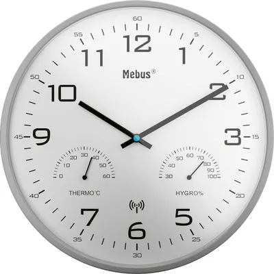 Produktbild von Mebus Funk-Wanduhr mit Thermometer/ Hygrometer, silber-grau
